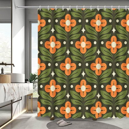 Orange Blomstret Grønt Bruseforhæng Vintage Mid Century Moderne Abstrakt Geometrisk Badeværelsesgardin Boho Retro Klassisk 195