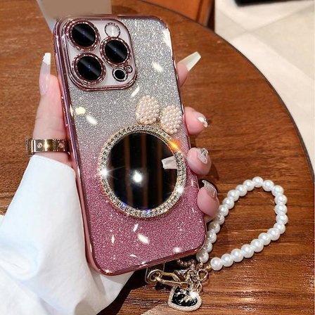 Bling Glitter Case Kompatibel med Iphone 15 Pro Max, Mjuk TPU Stötsäker cover med sminkspegel & armband för kvinnor