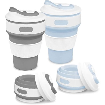 Hopfällbara muggar, 2 bärbara silikonmuggar, resemuggar för kaffe, återanvändbara hopfällbara resemuggar, campingmuggar med lock och fällbart lock