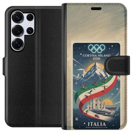 Yhteensopiva Lompakkokotelo Samsung Galaxy S25 Ultra Mäkihyppykuvitus, jossa hiihtäjä tähtää kiväärillä lumisella radalla, teksti Milano Cortina 2026