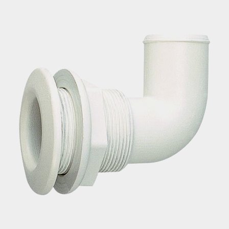 Pasacascos para manguera Nuova Rade, plástico, en ángulo de 90°, abombado, 1 1/2" G (BSP) a 38 mm (1 1/2") manguera, blanco