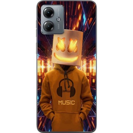 Kompatibelt Mobildeksel til Motorola Motorola Moto G14 DJ-figur med lysende hjelm og hette i futuristisk musikkmiljø med neonlys.