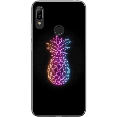 Kompatibelt Mobilskal till Huawei Huawei Y6 (2019) Neonillustration av ananas i färgglatt ljus mot svart bakgrund