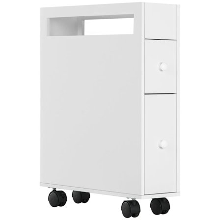 Rootz badeværelsesskab - Slankt design - Rulleskab - To skuffer - Fire hjul - MDF-ramme - Hvid - 16L x 49,5W x 66H cm