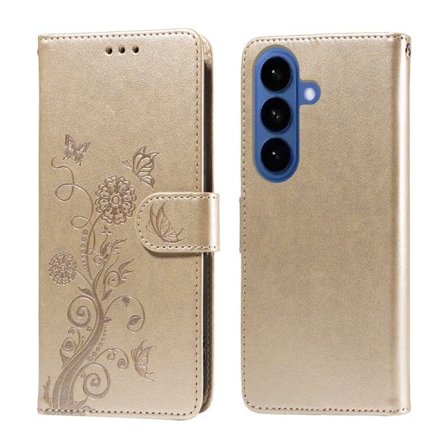 Samsung Galaxy S26 Plus Plånboksfodral Konstläder Blomtryck Ställ - Guld