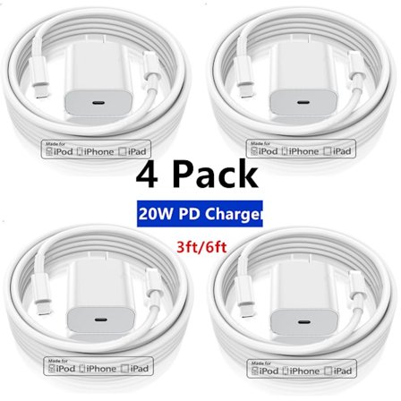 4-Pack - Laddare för iPhone - Snabbladdare - Adapter + Kabel 20W White