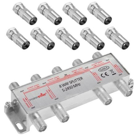 TV antennefordeler - Poppstar - 8 udgange - 100dB - 5-2450 MHz - IEC adapter inkluderet