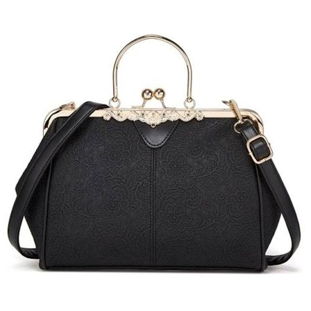 036 Vintage Spenne Tote Lær Justerbar Skulder Bag (Blonder Svart)