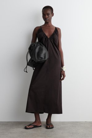 COS Women's Gathered V-Neck Maxi Dress in Brown