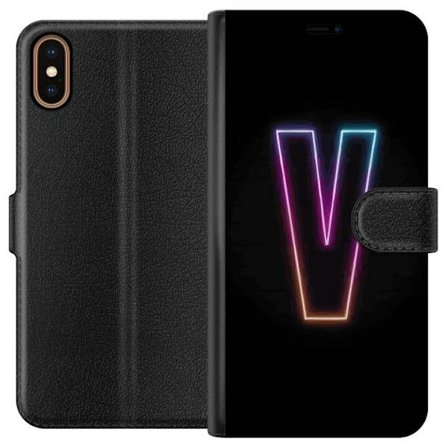 Kompatibel Tegnebogsetui til Apple Apple iPhone XS Neonbogstav V i farvegradueret lys mod sort baggrund, minimalistisk design med tydelig glød og mod