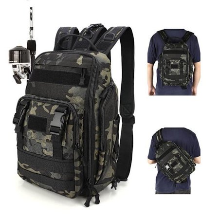 Fiskeväska Ryggsäck Förvaringsväska, Fiske Ryggsäck med Spöhållare, Lätt Sling Fiske Ryggsäck, Robust Fiskeväska