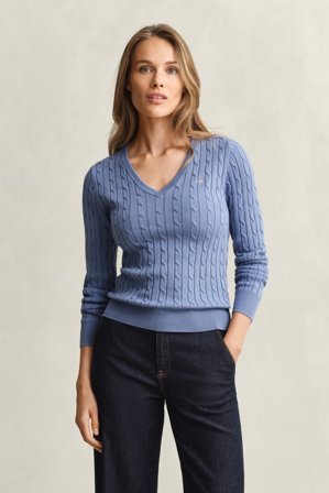 GANT Damen V-Neck Pullover mit Zopfmuster (XS) Blau