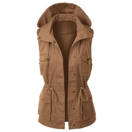 Kvinnor Dragsko Button Down Väst Enfärgad Huvjacka
