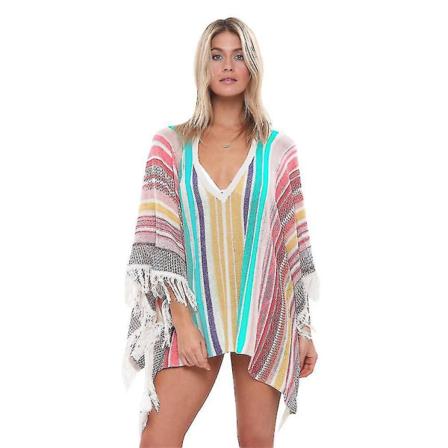 Flerfärgad Stripe Beachwear Bikini Cover Up Stickad Tofs långärmad blus