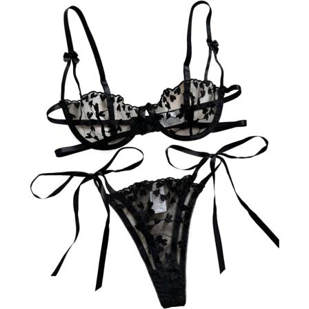 osy Sexig bygel söt genomskinlig Kawaii strumpeband bälte underkläder set behå och trosor 3 delar slips sida svart medium