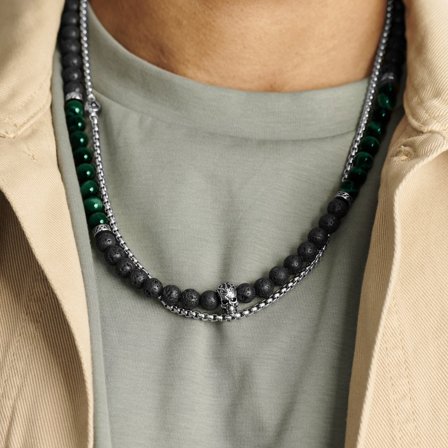 Rico Lava Rock & Green Tiger’s Eye Necklace Set for Men - Steel necklaces