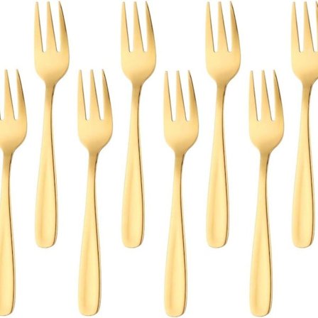 Rostfri tårtgaffel 3 klor fruktgaffel, 8-delad gyllene gaffelsats KLB