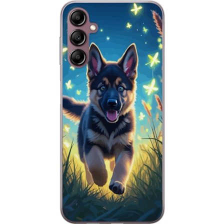 Yhteensopiva Puhelinkuori Samsung Galaxy A14 5G Saksanpaimenkoira pentu juliste pentu koira hyppää niitty perhoset söpö koira kuvitus sininen yötaide