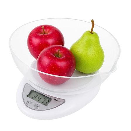 Højpræcisions elektronisk køkkenvægt, LCD-display, 5 kg belastning, 800 ml skålkapacitet, 5 enheder og tarafunktion, Hvid