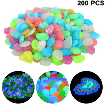 Sæt med 200 selvlysende sten til udendørs dekoration, have, græsplæne, akvarium, allé, drevet af lys eller solenergi, lys pe