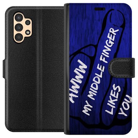 Kompatibelt Lommeboketui til Samsung Galaxy A13 Mørk typografisk illustrasjon med hjerteform og budskap om vennskap mot dyp blå tretekstur