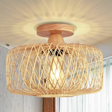 Vintage bambus loftslampe - Retro bambus træ lampeskærm loftslampe E27 lampeholder Boho rattan lampe Ø30cm hængelampe