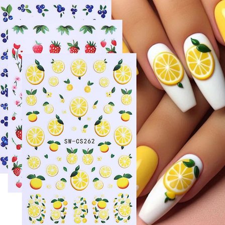 5 Ark Frukt Nagelstickers för Nagelkonst - 3D Självhäftande Nagelkonst Stickers Citron Jordgubbe Blåbärsdesign Blommor Nageldekaler Manikyr Tillbehör
