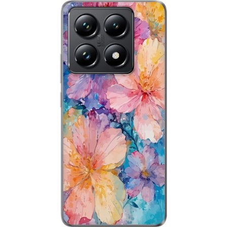 Kompatibelt Mobildeksel til Xiaomi Xiaomi 14T Pro Akvarellmaling med store blomster i rosa, blå og gule toner i en myk kunstnerisk stil.