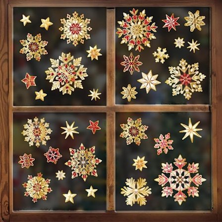 Vinduesdekorationer, guldflager, vinduesbilleder, jul, selvklæbende, aftagelig vinduesdekoration, statiske klistermærker til vinduer