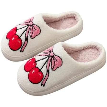 bolukets Myke Tøfler for Kvinner Menn Varme Komfortable Plysj Lodne Putetøfler Slip-on Hjemmesko for Innendørs og Utendørs Cherry Bow_max