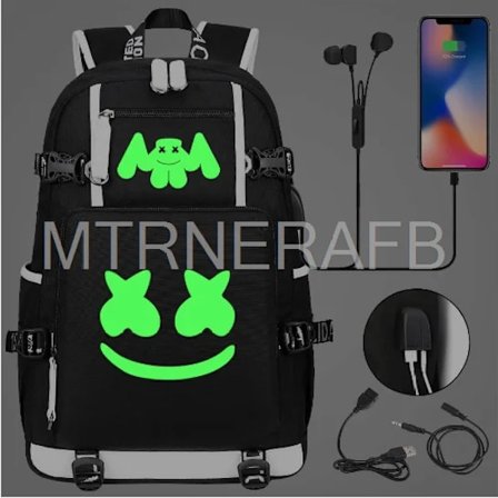 DJ Marshmello Multifunksjonell USB-lade Ryggsekk Mote Ryggsekk for Skolegutter Stor Kapasitet Ryggsekk Vanntett Reiseveske~08387