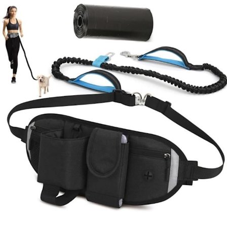 (Sort) Håndfri Hundesnor, Op til 110 kg, Stødabsorbering, Reflekterende Strop, Multifunktionel Taske, 1 Rulle Inkluderet