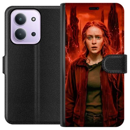 Kompatibelt Plånboksfodral till Xiaomi Redmi 15C Porträtt av en ung kvinna med rött hår i en apokalyptisk landskap, röda blixtar och mörka klipp