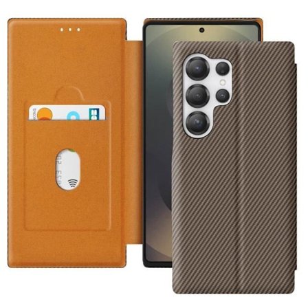 Etui för Samsung Galaxy S25 Ultra - Brun - Kolfiber - Videostöd - Anti-RFID - Tunn