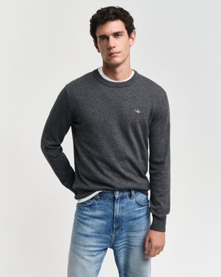 GANT - Genser i ull og bomullsblanding med rund hals dark grey melange