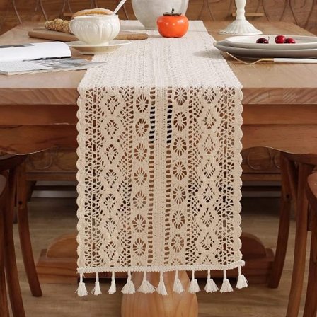 ING Hæklet bordløber med blonde - bordløber i bomuld og hør med kvaster - 120x30cm