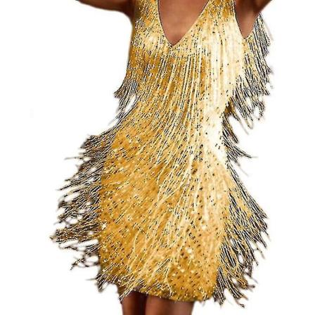 Kvinnors fransklänning Sexig fjäderfransar Miniklänning yellow L