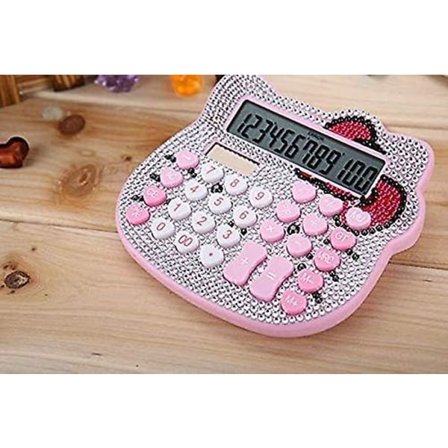 Sød lommeregner Kreativ Pink Rhinestone Crystal Diamond Tegneseriekat 12 Cifre Sol Dual Stream Lommeregner til Børns Gave eller Dit Ønske