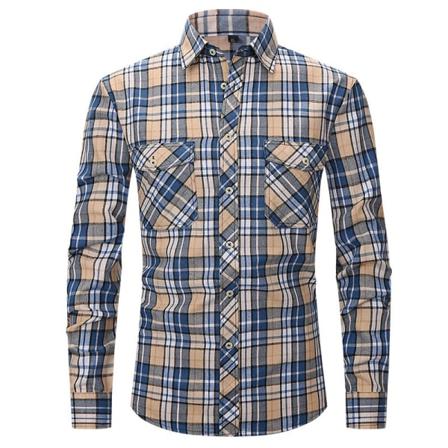 Herr Pläd Med Fickor Button Down Toppar Lapel Neck Tunika Skjorta