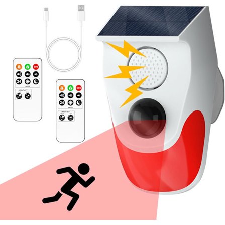 Solar bevægelsessensor alarm, skur alarm med 2 fjernbetjeninger, trådløse infrarøde bevægelsesdetektorer, 120dB lydstyrke, 3 arbejdstilstande, 