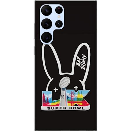 Kompatibel Mobilcover til Samsung Galaxy S22 Ultra 5G Bad Bunny portræt med åben skjorte, tatoveringer og krøllet hår i stilfuld modefotografering