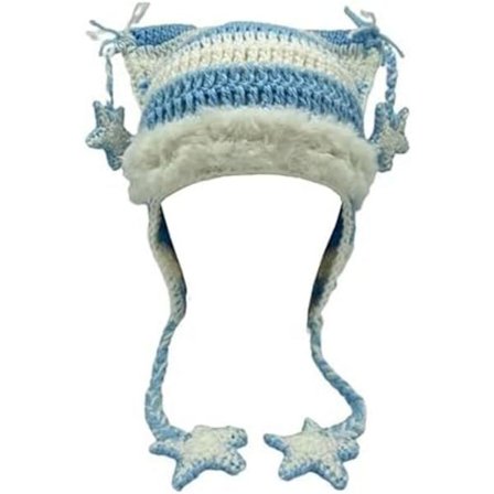 Beanies Cat Beanie Y2k Beanie Goth Strikket Hat Grunge Hæklet Hatte til Kvinder y2k Tilbehør, Blå Hvid-a