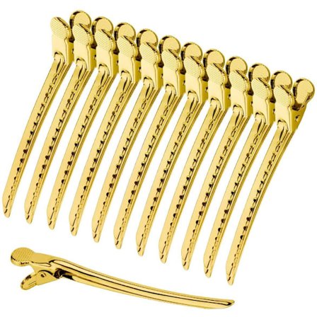12 st krokodilhårklämmor (guld), metallisk silver styling barr