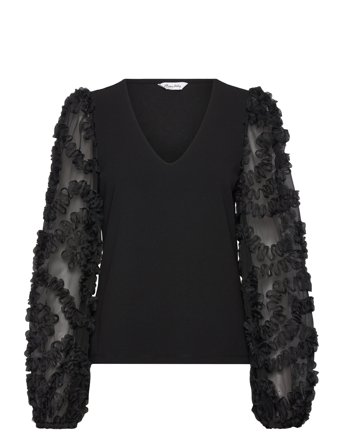 3D Floral Sleeve V-Neck Top Black Bubbleroom