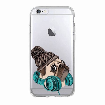 iPhone 12, 12 Pro & Max gennemsigtig case hund mops hovedtelefoner
