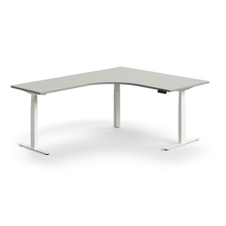 Hörnskrivbord QBUS, höj- och sänkbart, 1600x2000 mm, vit, ljusgrå