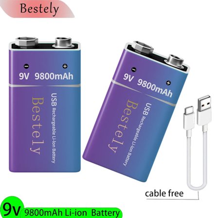 Nyt 9V genopladeligt lithiumbatteri, 9800mAh langtidsholdbare 9v Li-ion-batterier med kabel, til røgdetektor, alarmer, mikrofon
