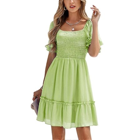 Kort Puffærmet Kjole Kvinder Mode Casual Elegant Ren Farve Skørt Kjole til Kontor Arbejde