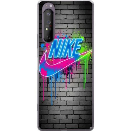 Yhteensopiva Puhelinkuori Sony Xperia 1 II Neonvärikkäänkatutaiteen logo pirteää graffitiä sinisellä, vaaleanpunaisella ja vihreällä suihkeella tiilim