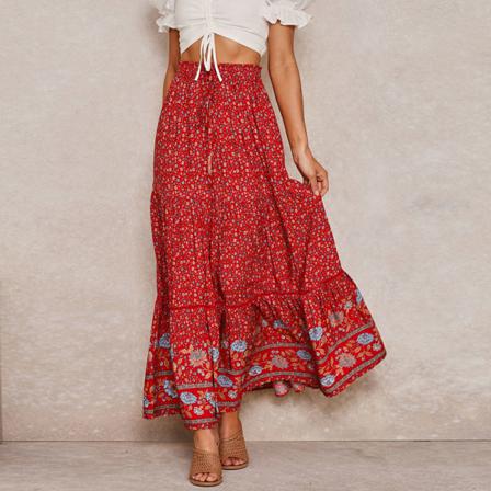 Kvinnor Sommar Boho Hög Midja Kjolar Volang Lång Kjol Knyta Upp